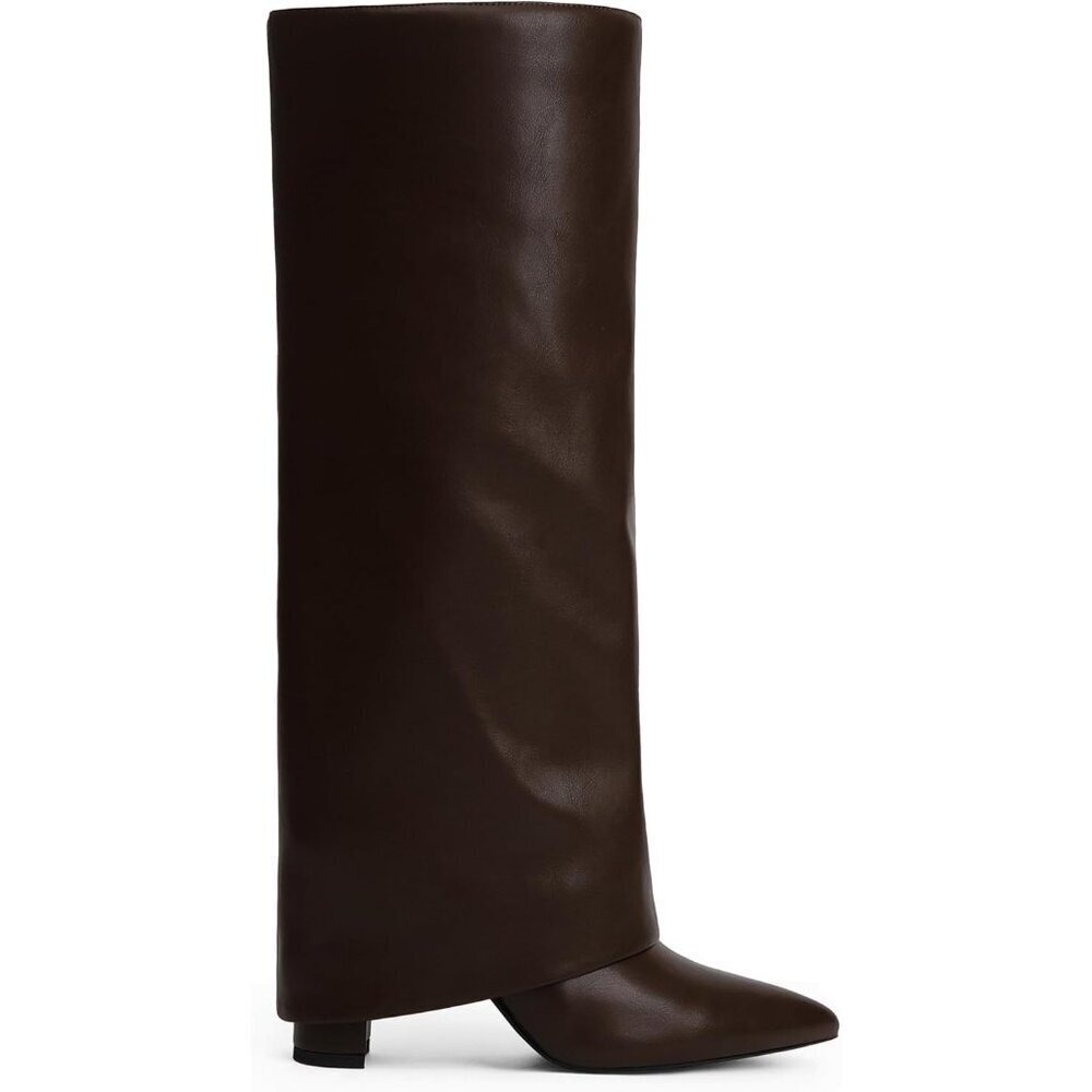 Women's Brown Modatope Knee High Fold Over Chunky Heels Zipper Tall Boots - Picture 2 of 7